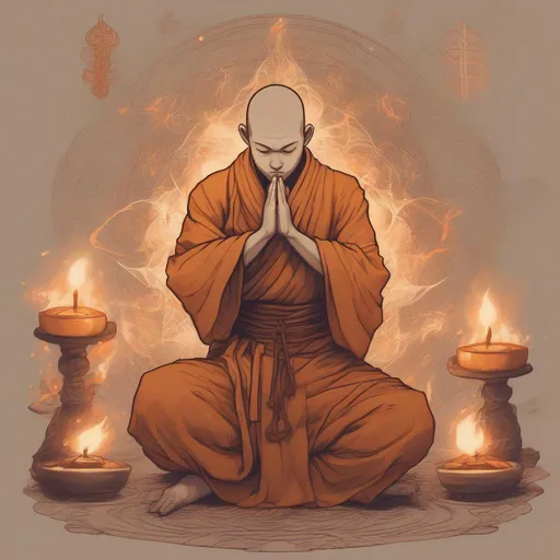 Prompt: A poised monk in mid-combat stance with a backdrop of burning candles and mystical symbols. Soft colors and intricate details.