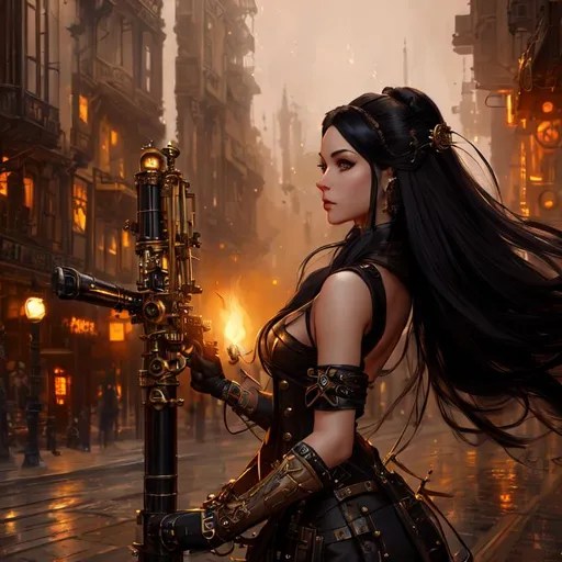 Prompt: Professional painting of a beautiful steampunk woman, long black highlights hair, steampunk outfit and weapon, hyperrealism, photorealistic, 8k, unreal engine --ar 9:16 --niji 5 --style expressive --s 400, by Jeremy Mann, Rutkowski, and other Artstation illustrators, intricate details, face, full body portrait, headshot, illustration, UHD, 4K