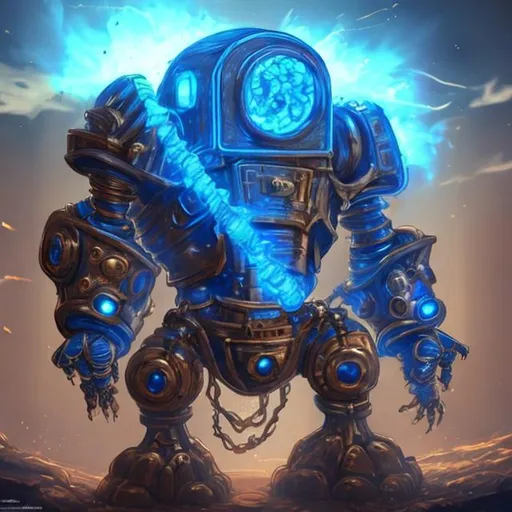 Prompt: Magic mechanical golem with blue energy glowing core and knight helmet, video game area