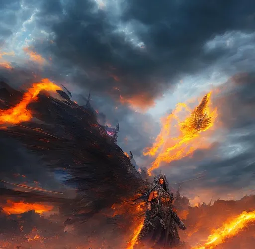 Prompt: Fireball colored sky, thunder clouds, High detailed real world, warrior monk foreground, tormented, evil, dark colors, city, fire, award winning, dark shadow lighting, sharp image, high detailed face, 8k