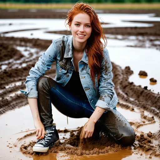 Prompt: photo of young woman, in soaking wet clothes, wet converse sneakers, mud splattered levi's skinny jeans, mud splattered denim jacket,  , in a mud pit,   enjoying, wet clothes stuck to body,  detailed textures of the wet clothes, wet face, wet plastered hair,  wet, drenched, professional, high-quality details, full body view , redhead