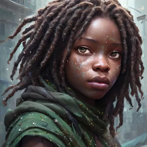 Prompt: photorealistic Closeup face portrait of a nigerian warrier princess  dark black hair in dreadlocks under a hooded top and green eyes smooth soft skin, with few scars small shallow eyes, beautiful intricate colored hair, symmetrical, snowing, soft lighting, detailed face, by makoto shinkai, stanley artgerm lau, wlop, rossdraws, concept art, digital painting, looking into camera