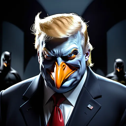 Prompt: president Donald trump as the villain penguin from batman