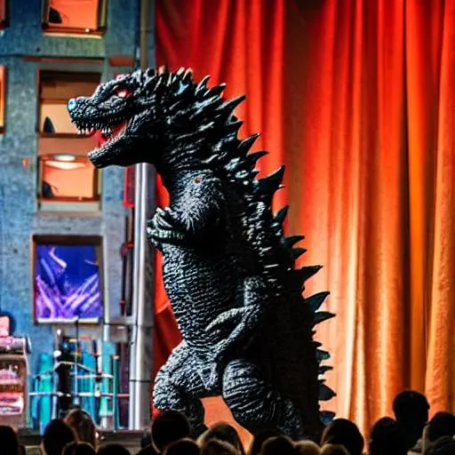 Prompt: photograph of Godzilla stand up special