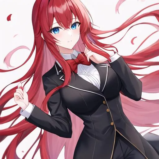 Prompt: Haley 1female (long red hair pulled back, lively blue eyes. Wearing a male butler uniform. UHD,