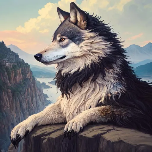Prompt: (masterpiece, charcoal, artstation, best quality:1.5), insanely beautiful wolf with (billowing black coat), Casanova, white chin, bushy mane, on a cliffside, overlooking abandoned village, overlooking river, silver fur highlights, finely detailed, bold, energetic, youthful, detailed face, beautiful detailed eyes, vivid burnt sienna eyes, beautiful defined detailed legs, beautiful detailed shading, highly Detailed body, highly detailed pastel pink clouds, full body focus, beautifully detailed sky, cinematic, 64K, UHD, unreal engine, high octane render