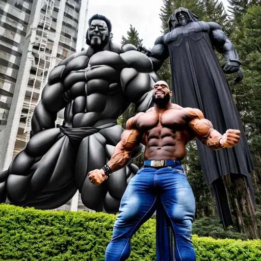 Prompt: 200 foot giant, 20 foot bodybuilder and  7 foot tall bodybuilders, wall for scale 
