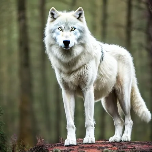 Prompt: A white wolf with amber eyes standing in a forest
