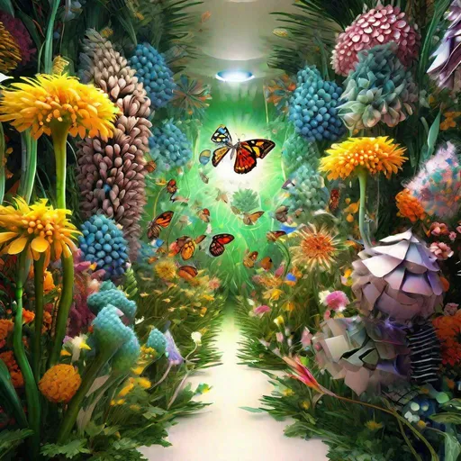 Prompt: digital super-detailed photorealistic picture represent  "Unbelievable biomorph flowers as paradise for insects  ". full-body picture with a detailed face`s zones. Multi-contrasts (scene plans and elements, colors, lights, forms, lines, rhythms, negative and positive space). Crisp quality in added Ukrainian modern cultural elements. Holographic effect on solid surfaces. Composition, Structures, Edges are based on Fractals and Fibonacci set