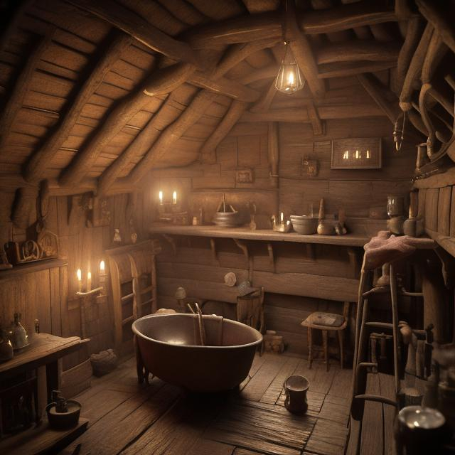 medieval interior of a hut with a bathtub and a fire... | OpenArt