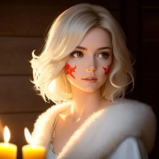 Prompt: ((Masterpiece, best quality))
{Alex Chow | Greg Rutkowski | ArtStation}.
Face painting of a beautiful white woman in her 20s with half her face on fire. (fluffy hair). (Soul: 1.6) (Characteristics: 1.6). (wood cabin background | candles)
Detailed face. Detailed eyes. Highly detailed. 
(UHD:1.2), HDR, 8K, Unreal Engine 5. Highly accurate lighting, and extraordinary reflection. 
