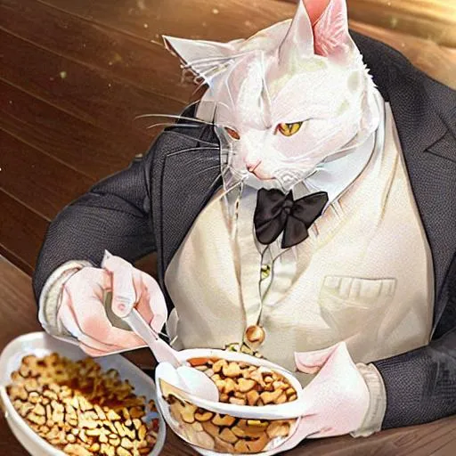 Prompt: handsome cat eating cereal
