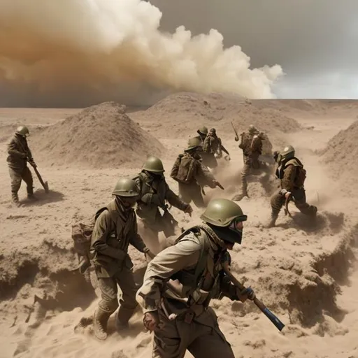 Prompt: trench warfare, recon scouts, scifi, army, rangers, ponchos, masks, sand storm, mountain, desert, lightning, lava