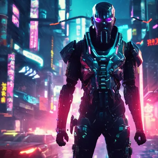 Prompt: New bearded anti-hero. Futuristic. Bionic limbs. Cyber enhancements. Black and neon. Gritty. Anime. Neo tokyo. Holographic armour.  In rain. Devious trickster. Plasma rifle Weapon