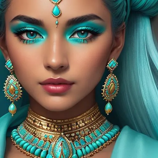 Prompt: An extremely gorgeous woman,  with top knots full of turquoise jewels, in color scheme of turquoise and gold,facial closeup