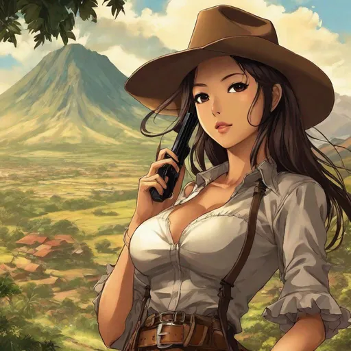 Prompt: anime art, 3/4 body shot, pretty young Indonesian woman, 25 year old, (round face, high cheekbones, almond-shaped brown eyes, small delicate nose), dressed as gunslinger, cowboy, perfect hourglass figure, dynamic pose, background tropical plain with mountains, Japanese manga, Pixiv, Fantia