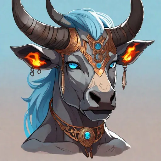 Prompt: Your OC is a massive withered minotaur, with fiery sky blue eyes. They identify as female, and have a piercing voice. As an accessory, they have 2 buttons, and they can be seen wearing a collar.