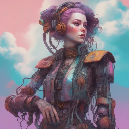 Prompt: A colourful and beautiful head to toe Persephone as a cyberpunk woman with a robot arm, wearing bohemian lacy clothes, with clouds for hair in a painted style