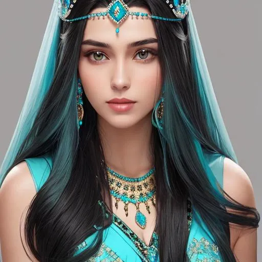 Prompt: Woman with long dark hair, wearing a turquoise studded tiara and jewelry