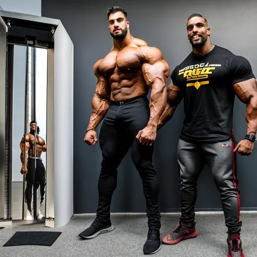 Prompt: 30 foot tall bodybuilder vs  200- foot and  7 foot tall bodybuilders, wall for scale , cars