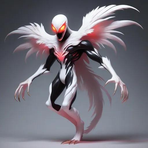 Prompt: pale white symbiote with crimson glowing eyes, iridescent white feathered wings, black and gold, nightmare fuel, Masterpiece, Best Quality, in cartoon style