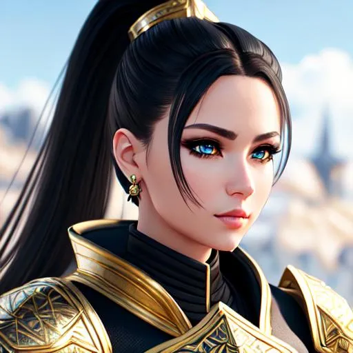 Prompt: black ponytail hair, white and gold armor, extremely realistic, hyperdetailed, fighter girl, RPG, D&D, highly detailed face, highly detailed eyes, full body, whole body visible, full character visible, soft lighting, high definition, ultra realistic, unreal engine 5, 8K, digital art