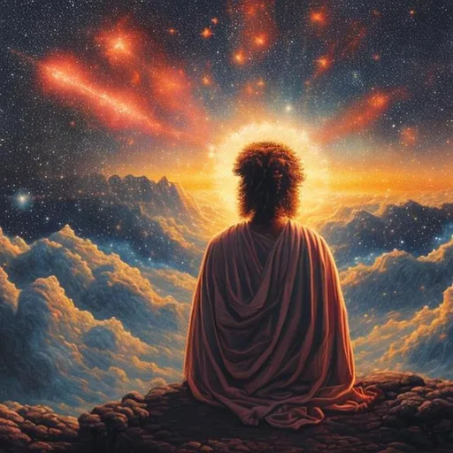 Prompt: esoteric realistic painting of a man starring at the sunset with a sky full of stars and galaxies in a super-natural style stoicism