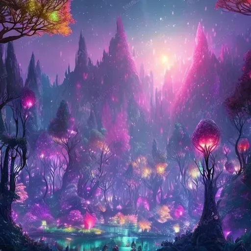 Prompt: Fantasy forest, colorful lights, landscape, fantasy creatures. Beautiful fantasy environment. So many trees with pastel glows