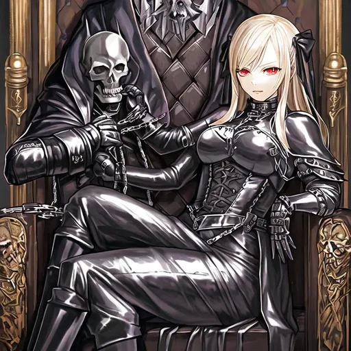Prompt: master, lord, dark, fantasy, leather, knight, throne, fetish, latex,  mistress, dungeon, chains, skull