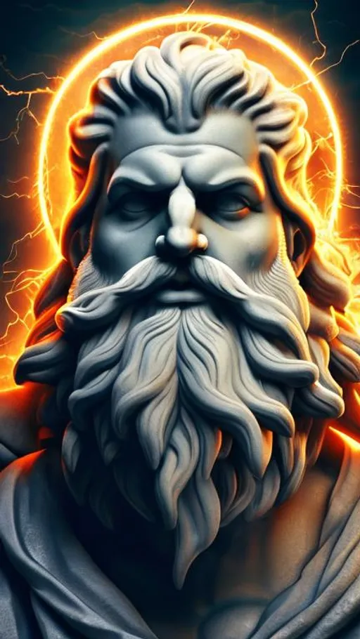 Prompt: An image of the mythological god Zeus, with lightning surrounding him, grizzled, 4k, high resolution, life like, headshot, lightning eyes, 