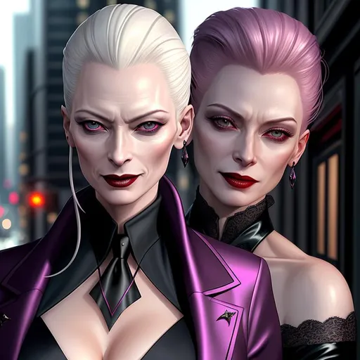 Prompt: Female Lasombra Vampire, 11th Generation, vampire, vampire real estate agent, looks like Tilda Swinton, dressed for the office, blood splashed across his cheek, his shadow forms a creepy tentacle, inspired by Wall Street, vampire the masquerade, detailed symmetrical face, malicious grin showing perfect teeth, city at night style background, well lit by street lights, vampire, real, alive, real skin textures,