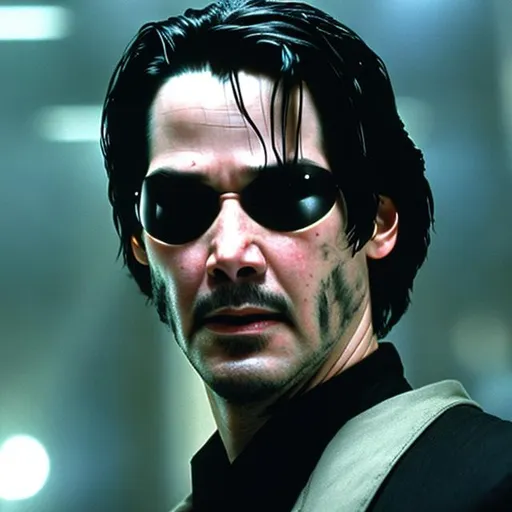 Prompt: Neo from the Matrix with a thick mustache played by age 35 keanu Reeves with a thick Mustache.