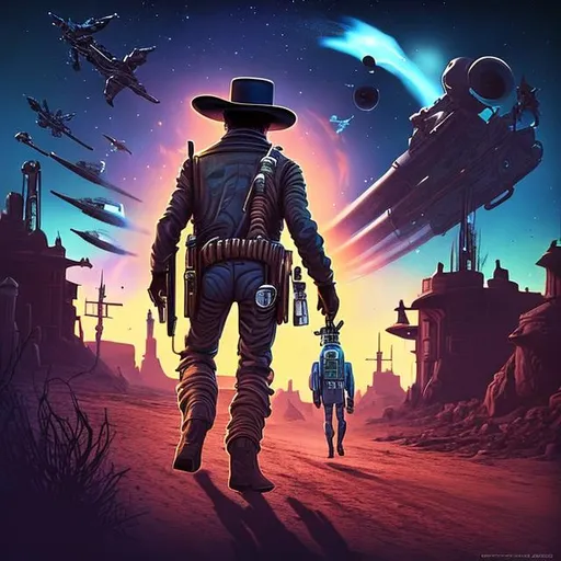 Prompt: A mysterious figure steps out of a spacecraft. It seems that he has landed on the outskirts of an Alien town. The figure pulls out 2 handguns. He readies himself as he walks towards the town, guns in hand. He readjusts his hat. It seems almost like the wild west