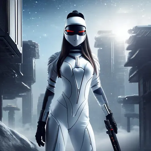 Prompt: create photograph of beautiful female ninja who is wearing elite bright white futuristic ninja suit,  night time and beautiful sky  space and planets an nebulae in sky highly detailed, detailed face, extremely detailed environment, extremely detailed background, extremely detailed skin, extremely detailed clothing, natural colors , professionally color graded, photorealism, 8k, realistic, moody lighting, galactic environment, volumetric lighting