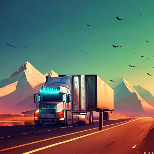 Prompt: semi truck in Almaty high detail beautiful background cyberpunk mountains
