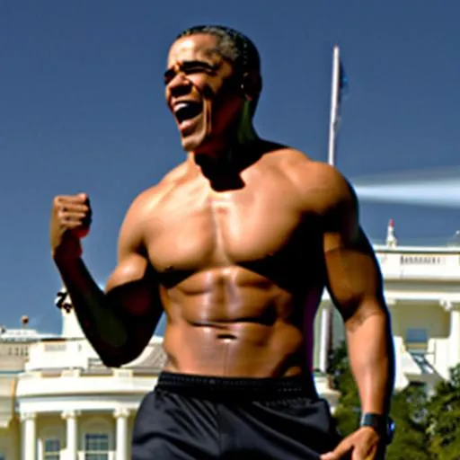 Prompt: president Barack Obama punching god. Obama is a  giga chad without a shirt looking good with amazing muscles and a big grin and full body zoomed out and punching god 



