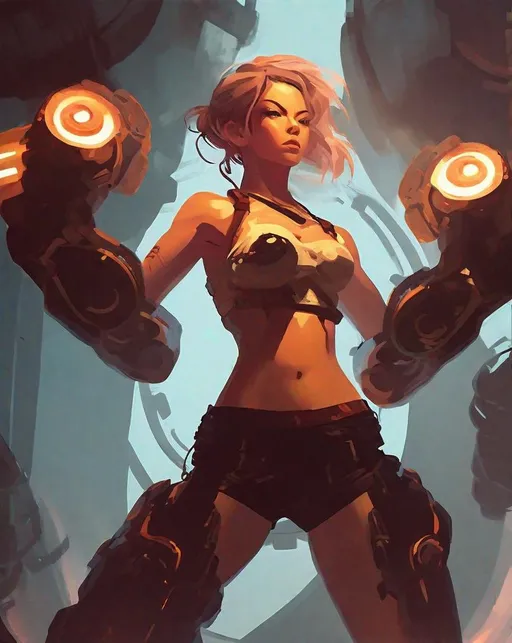 Prompt: A fierce cyborg warrior princess straps on a pair of massive mechanical arms, gears whirring as she rotates the thick hydraulic fists. Dramatic side lighting cuts through billowing smoke to silhouette her menacing form. In the style of Ilya Kuvshinov.