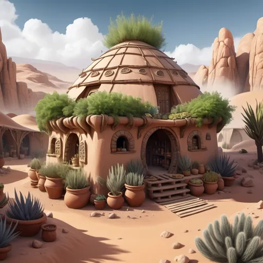 Prompt: Fantasy Illustration of a berber hut, herb shop, entire structure, immersive world-building, high quality, detailed, epic scale, fantasy, surrounded by desert