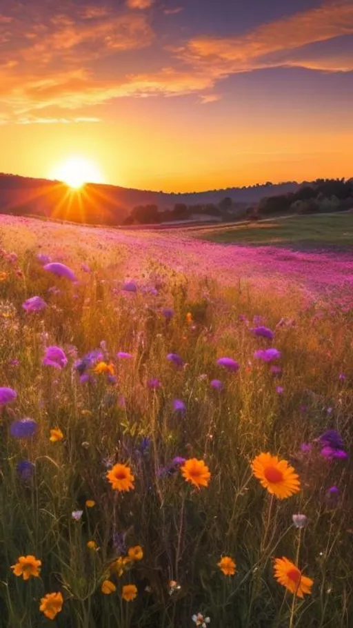 Prompt: A picture of a  meadow full of flowers with a big sunrise in a sunny day with few clouds