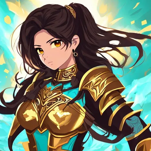 Prompt: Anime style brown eyes Latina woman fighter healer mage proportional  no hands focused small chest long black hair straight turquoise and gold armor confident woman 30 years old