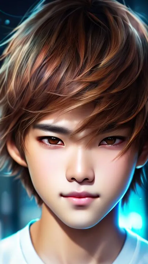 Prompt: Mikey kun, hyper realistic watercolor masterpiece, full body, 16 years old handsome, pretty, anime boy, pastel eyes, copper hair, tan hyperrealistic watercolor masterpiece, smooth soft skin, tan skin, big mischievous eyes, symmetrical, anime wide eyes, soft lighting, detailed face, wlop, rossdraws, concept art, digital painting, looking into camera, wavy hair, short hair, orange hair, smirk, sweater, hoodie hyper realistic masterpiece, highly contrast water color mix, sharp focus, digital painting, pastel mix art, digital art, clean art, professional, contrast color, contrast, colorful, rich deep color, studio lighting, dynamic light, deliberate, concept art, highly contrast light, strong back light, hyper detailed, super detailed, render, CGI winning award, hyper realistic, ultra realistic, UHD, HDR, 64K, RPG, inspired by wlop, UHD render, HDR render