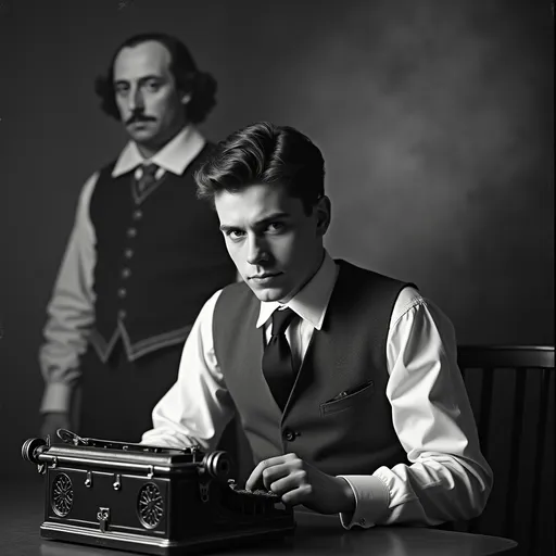 Prompt: Image of a young screenwriter wearing a vest, tie and dress shirt from the 1930s sitting at his typewriter while the ghost of William Shakespeare stands behind him.