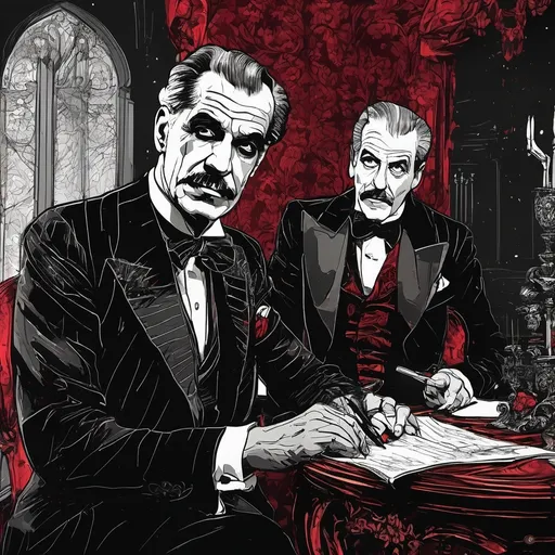 Prompt: (Boris Karloff talking to Vincent Price), Black and White pen and ink sketch style, dark color scheme, elegantly gothic attire, intricate details, dim lighting, dramatic shadows, opulent background, luxurious textures, ornate furniture, deep reds and blacks, baroque patterns, solemn atmosphere, rich color tones, dark romanticism, ultra-detailed, 4K, photorealistic masterpiece, timeless elegance.