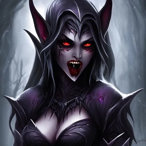 Prompt: attractive female dark elf vampire showing fangs


