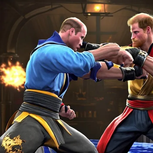 Prompt: Prince william and Prince Harry fighting in game Mortal Kombat style