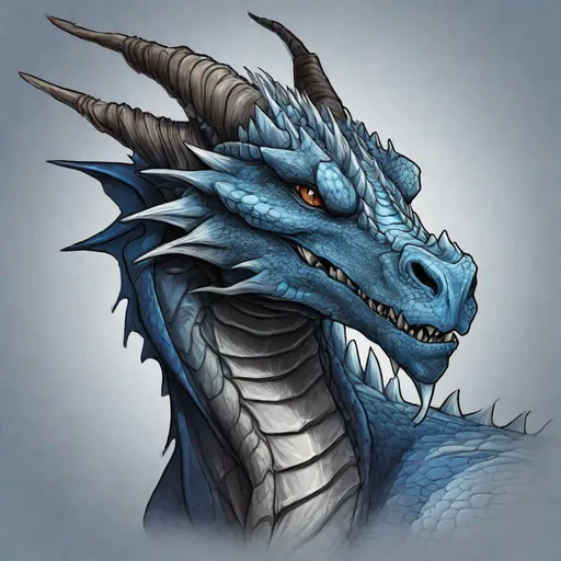 Prompt: Concept design of a dragon. Dragon head portrait. Coloring in the dragon is predominantly dark gray with subtle blue streaks and details present.