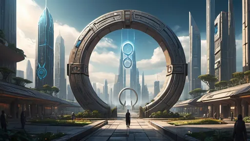 Prompt: small circular portal in the distance, magical portal between cities realms worlds kingdoms, ring standing on edge, upright ring, freestanding ring, hieroglyphs on ring, complete ring, obelisks, gardens, hotels, office buildings, shopping malls, futuristic towers, large wide-open city plaza, panoramic view, futuristic cyberpunk dystopian setting