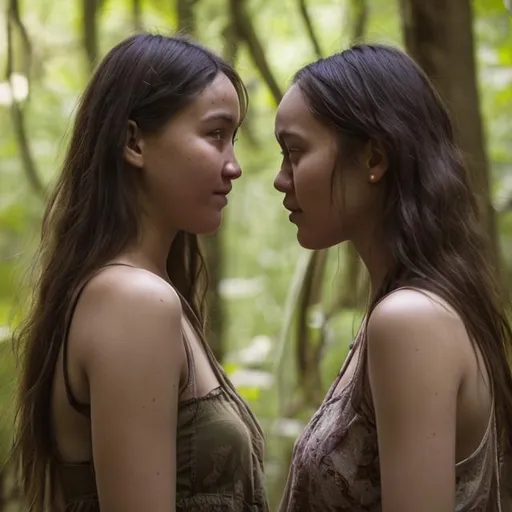 Prompt: Two young women in the forest, looking at each other with love and romance