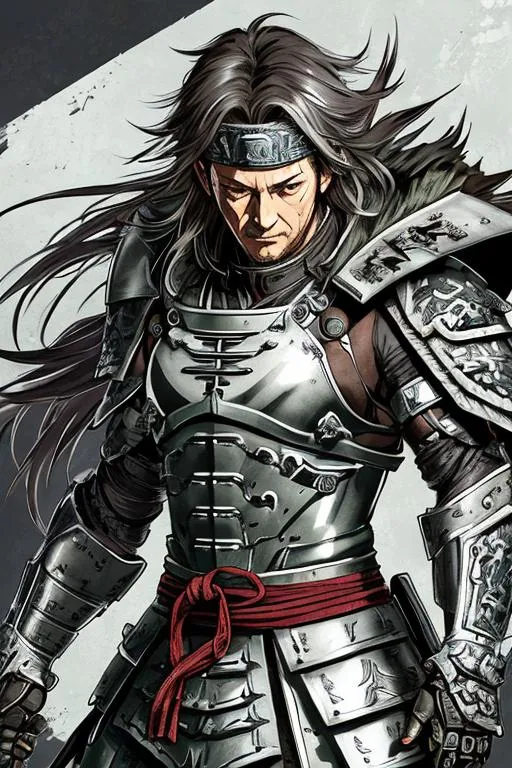 Prompt: (((Yoji Shinkawa))), sticker of ultra detailed portrait of Jason Isaacs as a samurai in metallic silver armor. Ninja mask, high quality cell shaded illustration in post apocalyptic style by Yoji Shinkawa, ((full body)), dynamic pose, perfect anatomy, centered, freedom, soul, silver long hair, approach to perfection, cell shading, 4k , cinematic dramatic atmosphere, watercolor painting, global illumination, detailed and intricate environment, artstation, concept art, fluid and sharp focus, volumetric lighting, cinematic lighting, Art by Yoji Shinkawa,