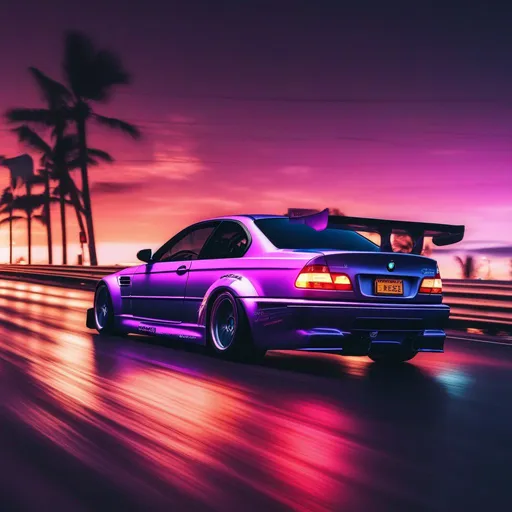 Prompt: 2001 BMW M3 E46 GTR, synthwave, aesthetic cyberpunk, miami, highway, dusk, neon lights, coastal highway, dusk, neon lights, coastal highway, sunset, drift, nurburgring